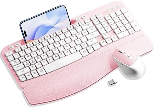 Hayyiesh Ergonomic Wave Keys Wireless Keyboard and Mouse Combo, Full Size with Memory Foam Wrist Rest & Phone Holder, 2.4G Cordless Set with USB-C Adapter for Windows Mac Desktop Laptop (Pink) by Hayyiesh