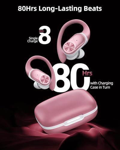 PocBuds Bluetooth Headphones Wireless Earbuds 80hrs Playtime Wireless Charging Case Digital Display Sport Ear Buds with Earhook Deep Bass IPX7 Waterproof Over-Ear Earphones for Phone Laptop Rose Gold - Image 2