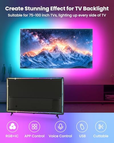16.4ft RGB+IC LED Lights for 50-75 Inch TV, Backlight Strip Behind TV with Music Sync, Bluetooth APP and Voice Control, 44 Scene Modes, for Ambient Mood Lighting, Monitor Game, Bedroom, Living Room - Image 2