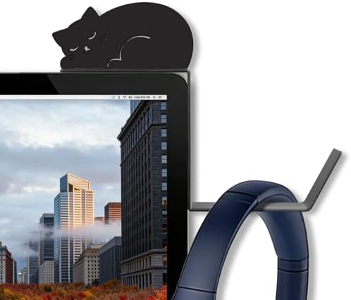 Metal Dog And Cat headphone holder for monitor, Lie cat, Black by Zzbakress