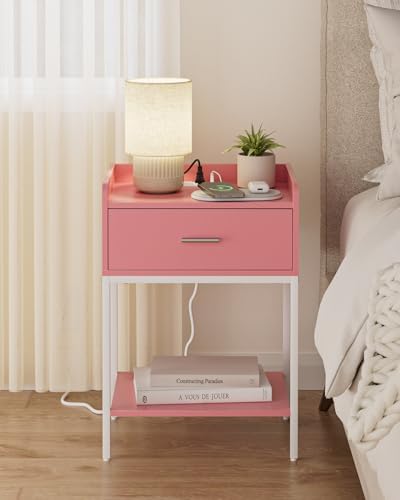 Masupu Nightstand with Charging Station,3-Tier Modern Bedside Night Stand with Storage Drawer and Shelf,Small End Side Table for Bedroom,Living Room,Pink and White - Image 3