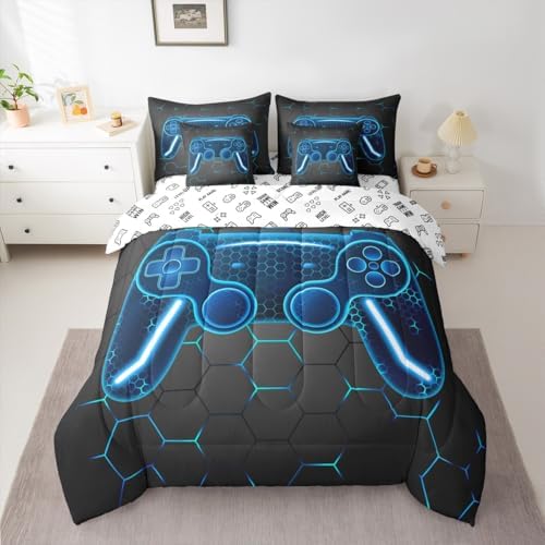 Feelyou Gamer Comforter Set with Sheets for Kids Boys Teens Game Controller Bed in a Bag Gaming Gifts 7 Piece Bedding Set Full Size for All Season,Blue Bed Set by Feelyou