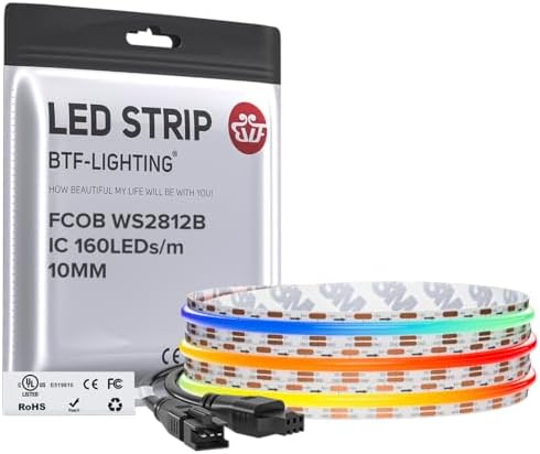 BTF-LIGHTING FCOB COB WS2812B IC RGB LED Strip DC5V 6.5FT 320LED 10mm IP30 by BTF-LIGHTING
