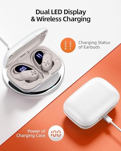 PocBuds Bluetooth Headphones Wireless Earbuds 80hrs Playtime Wireless Charging Case Digital Display Sport Ear Buds with Earhook Deep Bass IPX7 Waterproof Over-Ear Earphones for Phone Laptop Beige - Image 3
