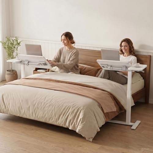 GTPLAYER Pneumatic Adjustable Standing Desk, 28 Inch Tiltable Mobile Rolling Laptop Table with Wheels, Overbed Bedside Table Computer Workstation for Home Office, White - Image 5