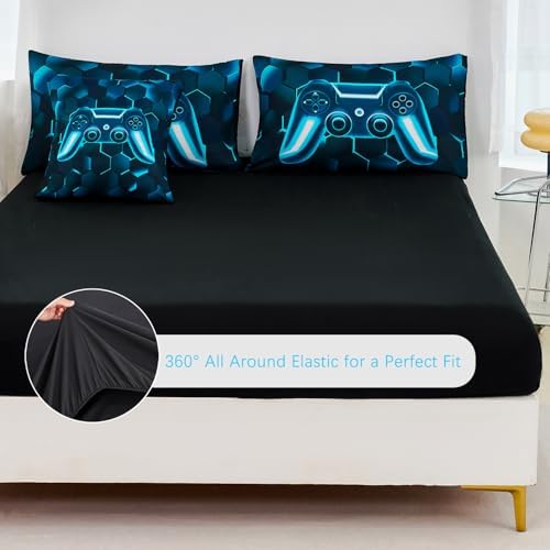 URBONUR 6 Pieces Gamer Comforter Set for Teen Boys Queen Size Blue Teal - Image 4