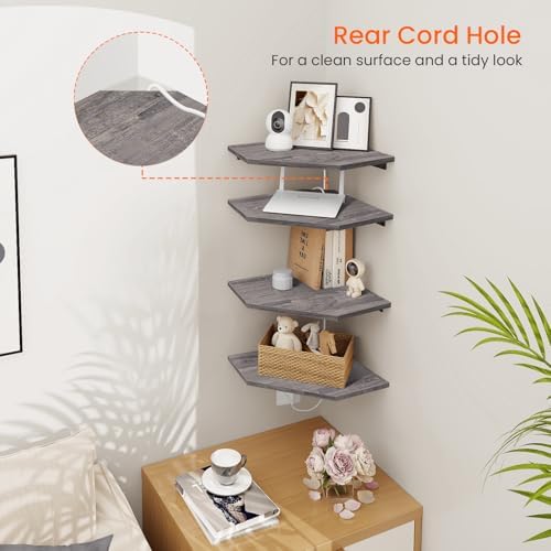 Homode Corner Shelf Wall Mount, Set of 4 Corner Floating Shelves with Cord Hole, Wall Shelf Organizer, Wood Hanging Storage Shelving for Bathroom Bedroom Kitchen, Rustic Grey - Image 6