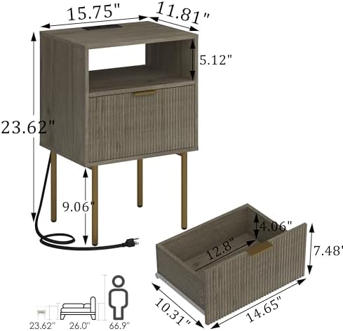 JOONEE Modern Nightstand with Charging Station and LED Lights, White Bedside Table with Drawer, Fluted Side Table for Living Room, Bedroom - Image 2