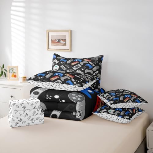 Erosebridal 7 Piece Gamer Comforter Sets for Boys Queen Size | Gaming Bedding Set Video Games Bed in A Bag Black Blue Gamepad Sheet Sets with Comforter Soft Microfiber for Bedroom Decor - Image 5