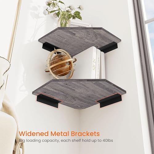 Homode Corner Shelf Wall Mount, Set of 4 Corner Floating Shelves with Cord Hole, Wall Shelf Organizer, Wood Hanging Storage Shelving for Bathroom Bedroom Kitchen, Rustic Grey - Image 5
