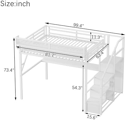 KEIKI Queen Size Metal Loft Bed Frame with Desk, Staircase, Built-in Storage Shelves and Wardrobe, Modern Loft Bed with Solid Slat, Guardrail, No Box Spring Required, Easy Assembly, for Bedroom, White - Image 2