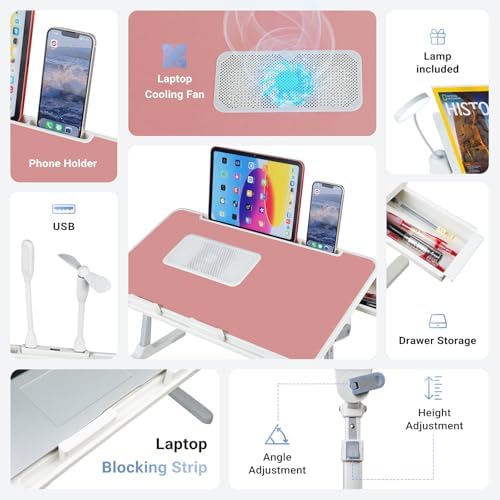 iXTRA Adjustable Laptop Lap Desk with Cooling Fan USB Light for Adults 56x32cm,Pink - Image 4
