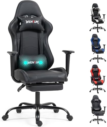 Gaming Chair with Footrest, Ergonomic PC Desk Chair with Headrest and Massage Lumbar Support, Video Game Chair w/Height Adjustable High Back for Home Office, Black by WENTUM