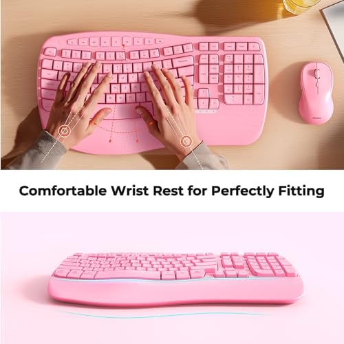 MEETION Ergonomic Wireless Keyboard and Mouse Combo with Wave Keys, Pink - Image 3