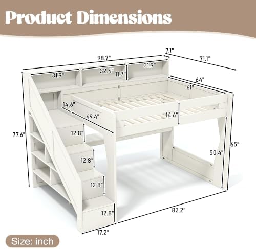 Bellemave Queen Loft Bed with Storage Stairs and Charging Station, Beige - Image 2