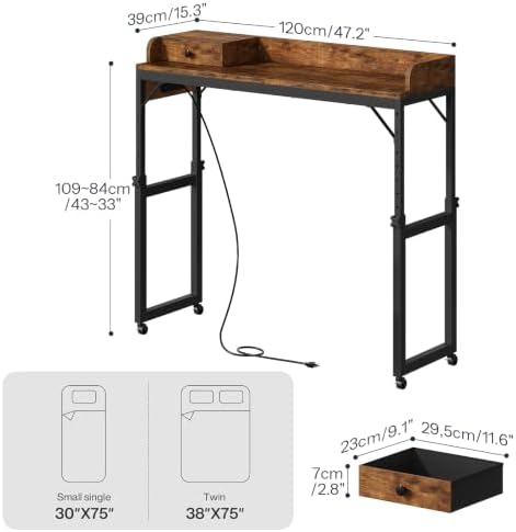 HOOBRO Overbed Table with Wheels, Rolling Table with Outlets & Light Strip for Twin Bed, Mobile Bed Desk & Drawer and Adjustable Height, Giant Computer Desk for Living Room, Rustic Brown BF125UDDN01 - Image 2