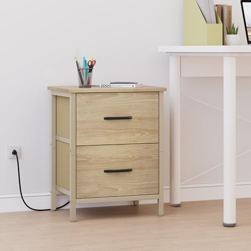 Vagusicc Nightstand with Charging Station, Bedside Table with USB Ports and Outlet, End Table Side Table with 2 Fabric Drawers for Bedroom, Living Room, Natural - Image 7