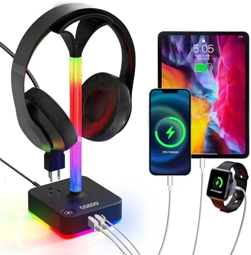 cozoo RGB Headphone Stand with Charger 3 USB Ports and 2 AC Outlets,2 USB-A 1 Type C,Desk Gaming Headset Holder with 9 Light Modes,PC Gaming Desk Accessories,Gamer Gifts,RGB Gaming Stuff Headset Stand by COZOO
