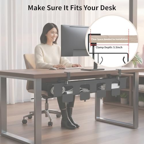 No Drill Under Desk Cable Management Tray, 47.5” Fabric Clamp Mount - Image 5