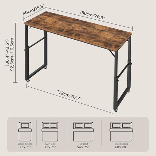 MAHANCRIS Overbed Table with Wheels, Mobile Bed Desk for Queen Size, 36"-43.5" Adjustable Height Rolling Table, Recliner Desk, Mobile Cross Bed for Bedroom, Living Room, Office, Rustic Brown MTHR18001 - Image 2