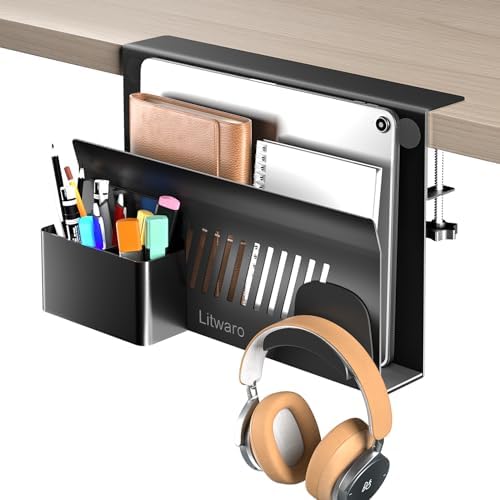 Litwaro Desk Side Storage, No Drill Laptop Holder with Magnetic Pen Holder, Clamp on Laptop Mount with Sticky Headphone Stand, Hanging Organizer for Office, Fits Flat Table Edge 0.4" to 2" (Black) by Litwaro
