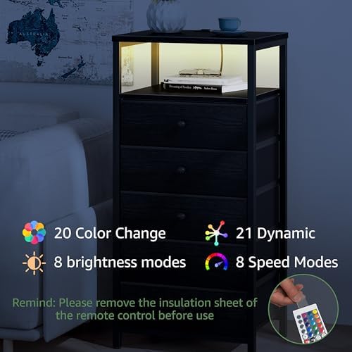 BOLUO Black Dresser with 5 Drawers Tall Nightstand with Charging Station and LED Light, Bedside Table Room Storage Drawers Closet - Image 6