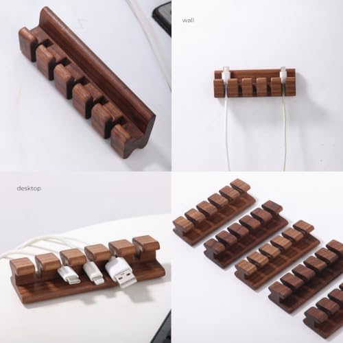 Walnut Wood Cord Holder – 5 Slots Cable Organizer with Adhesive Tape, Desk Wire Management for USB, Charging, HDMI, and Type-C Cables (5 Slot) - Image 7