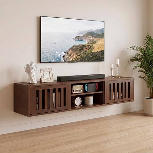 59" Floating TV Stand Wall Mounted with Power Outlet, Walnut by LANDASSYHOME