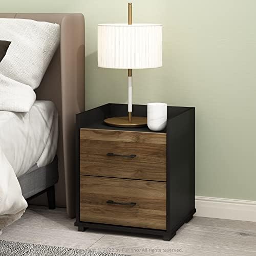 Furinno End Side Night Stand Modern Bedroom Bedside Tables Handle 2 Chest Nightstand, 1-Pack Drawer, Columbia Walnut/Black - Image 2
