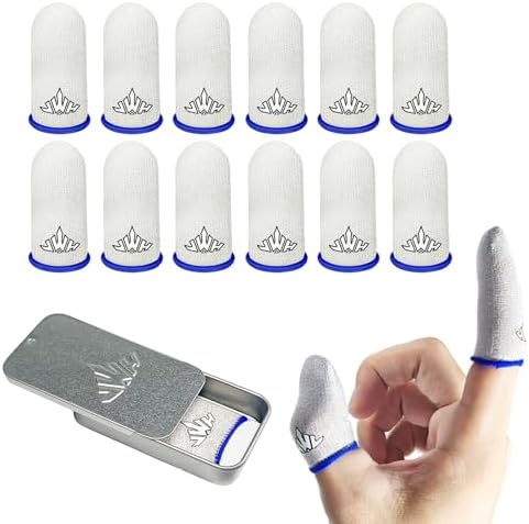 JWH 12 Pack Ultra Thin Silver Fiber Gaming Finger Sleeves White Thumb Sleeves Mobile Phone Gaming Cots Gaming Finger Gloves for PUBG with Storage Box High Sensitivity Silky Sweat Proof Dedales Gamer by JWH