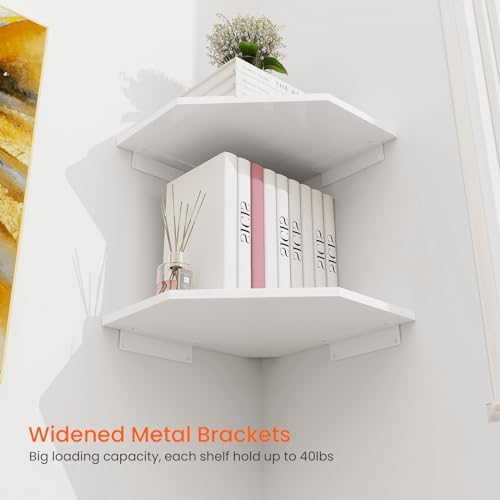 Homode Corner Shelf Wall Mount, Set of 2 Corner Floating Shelves with Cord Hole for Speaker, Cable Box, 2 Tier Wood Hanging Storage Shelf for Bathroom Living Room Bedroom, White - Image 4