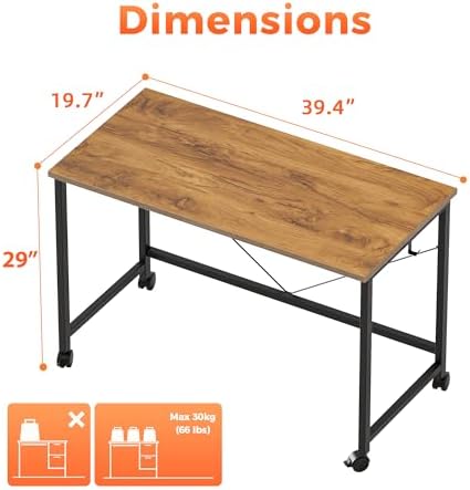 Mericonia 39x20 Inch Computer Desk with Wheels, Small Simple Rolling Desk - Image 2