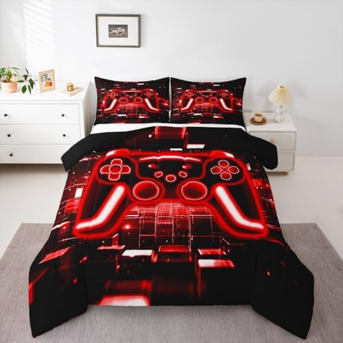Erosebridal Gamer Comforter Set Gaming King Bedding Set, Neon Lights Game Boy Games Comforter Red Brick Cube Duvet Insert,Gaming Room Decor - Image 6