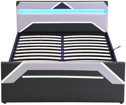 Merax Queen Size Gaming Bed with Built-in 7-Color LED Lighting Headboard, Side-Lift Hydraulic Storage Platform Bed, Cyberpunk Style, No Box Spring Needed, Black+Gray - Image 7