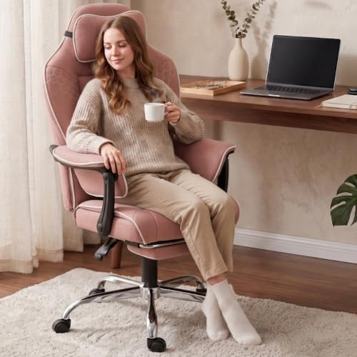 Dowinx Big and Tall Gaming Chair with Footrest for Home Office 500LBS Pink | High Back Fabric Office Chair, Extra-Wide & Thick-Padded Seat Cushion with Ergonomic Lumbar Support and Soft Linkage Armrest - Image 2