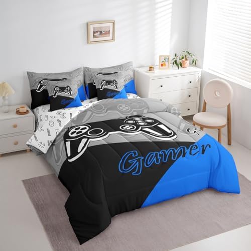 Feelyou Gaming Bed in a Bag for Boys Teen Video Game 7 Piece Bedding Set King Size for Kids Gamer Comforter Set with Sheets for All Season Gamepad Home Decor Bed Set Blue Black Grey - Image 3