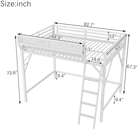 KEIKI Queen Size Metal Loft Bed Frame with Ladder and Built-in Storage Shelves, for Teens, Modern Style Loft Bed with Solid Slats, Guardrail, No Box Spring Required, Easy Assembly, for Bedroom, White - Image 2