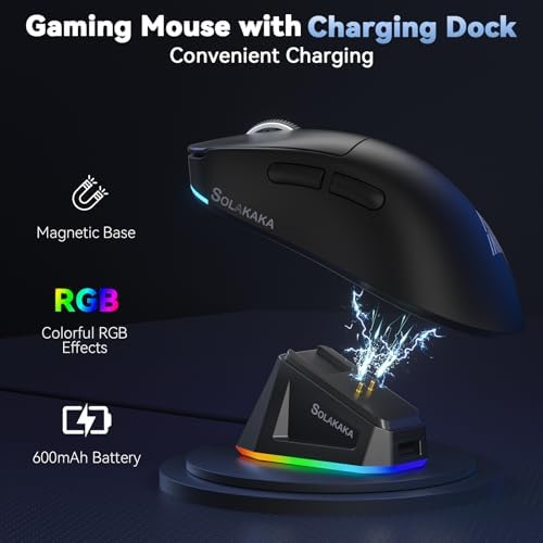 SOLAKAKA SM822 Wireless Gaming Mouse with Charging Dock, Tri-Mode Wireless Mouse, PAW3311 Optical Sensor, Up to 24,000DPI, 62g Lightweight Mouse with 5 programmable Buttons, for PC, Laptop (Black) - Image 4