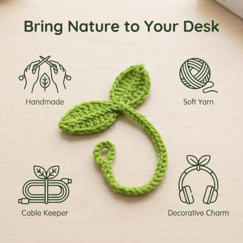 Green Crochet Leaf Sprout, Lucky Handmade Knitted Sprout Headphone Accessories, Leaf Headset Attachment, Multi-Functional Cute Cable Tie Crocheted Knitting Plant Bookmark Gift for Book Lovers - Image 2