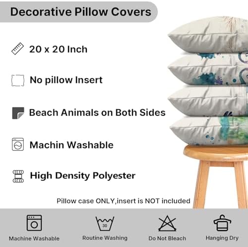 Beach Throw Pillow Covers 20x20" Set of 4, Ocean Theme Sea Turtle Seahorse Octopus Jellyfish Pillow Case Covers for Couch Sofa Bed Home Decor Square Pillowcase Coastal Outdoor Patio Furniture Cushions - Image 5