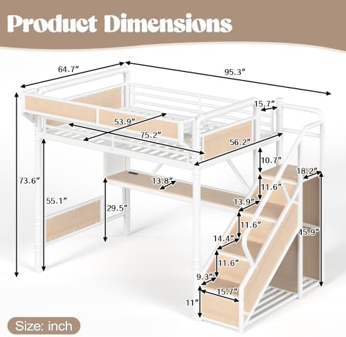 Bellemave Full Metal Loft Bed with Stairs and Desk for Kids,Adults,White - Image 2