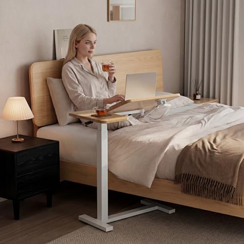 Solid Wood Overbed Bedside Table with Wheels, Tilting Adjustable Hospital Bed Table Over The Bed, Medical Mobile Laptop Stand, Rolling Standing Desk for Hospital and Home Use(Natural) - Image 3