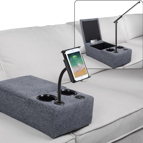 Removable Sofa Armrest, Dual Cup Holders Large Size Multifunctional Couch Caddy Storage Arm Rest with Power Wireless Charging Stand & LED Reading Light for Sofa Middle Seat Adjustable by beyondSMART