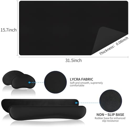 Mouse Pad with Wrist Rest Support, Keyboard Wrist Rest and Mouse Pad Set, Desk Mat for Keyboard and Mouses, Non-Slip Computer Mat Set for Office, Home (31.5×15.7 Inches, Black) - Image 3