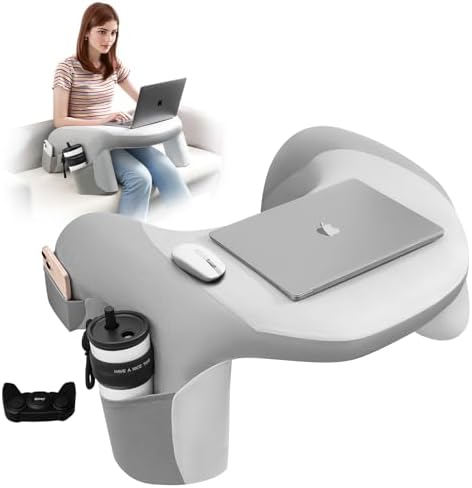 Reading Pillow for Bed, Lap Desk for Laptop, Memory Foam Arm Rest Support Gaming Pillow with Cup/Phone Pocket, Laptop Lap Desk for Working, Gaming, Reading on Couch Bed Floor- Grey by WOGAHEV