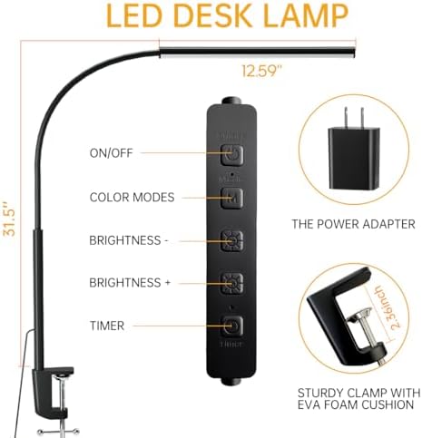 LED Desk Lamp with Clamp, 5 Color Modes & 10 Brightness Levels, Eye-Caring Desk Light, Flexible Gooseneck, Memory Function, Adapter Included for Home Office, Reading & Study - Image 3