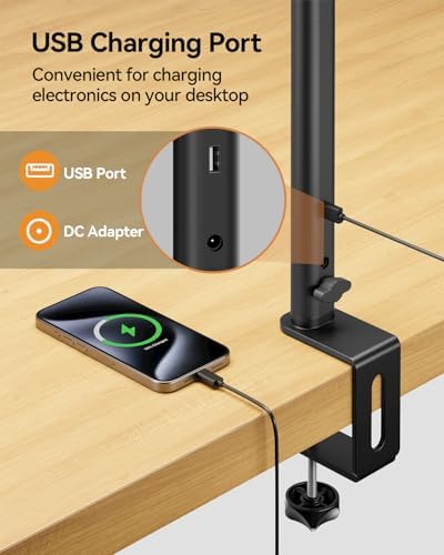 LED Desk Lamp for Home Office - 24W Eye-Caring Architect Clamp Light for Dual Monitors, Bright Task Light with USB Port, Touch Dimming, 5 Colors & 50 Modes, Flexible Gooseneck for Read, Study, Craft - Image 6
