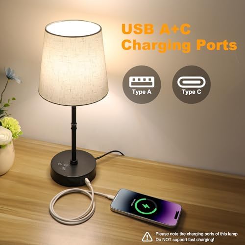 Ascher Bedside Table Lamp Set of 2, RGB Color Changing, 3 Color Temperatures, Dimmable Nightstand Lamp with USB C+A Ports, Touch Desk Lamp for Bedroom Living Room, H15.6in, Flaxen Shade - Image 6