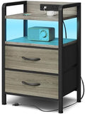Lazzanto Nightstand with Rear Charging Station, LED Light, 2 Drawers, Grey by Lazzanto