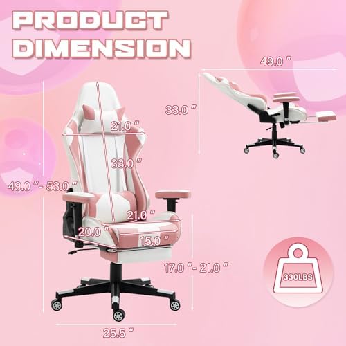 ECOTOUGE Pink-White Ergonomic High Back PC Gaming Chair with Footrest | Reclining Racing PU Leather, Adjustable Height, 360° Swivel, Sturdy Base, Headrest, Lumbar Pillow, for Girls, Women, Office - Image 2